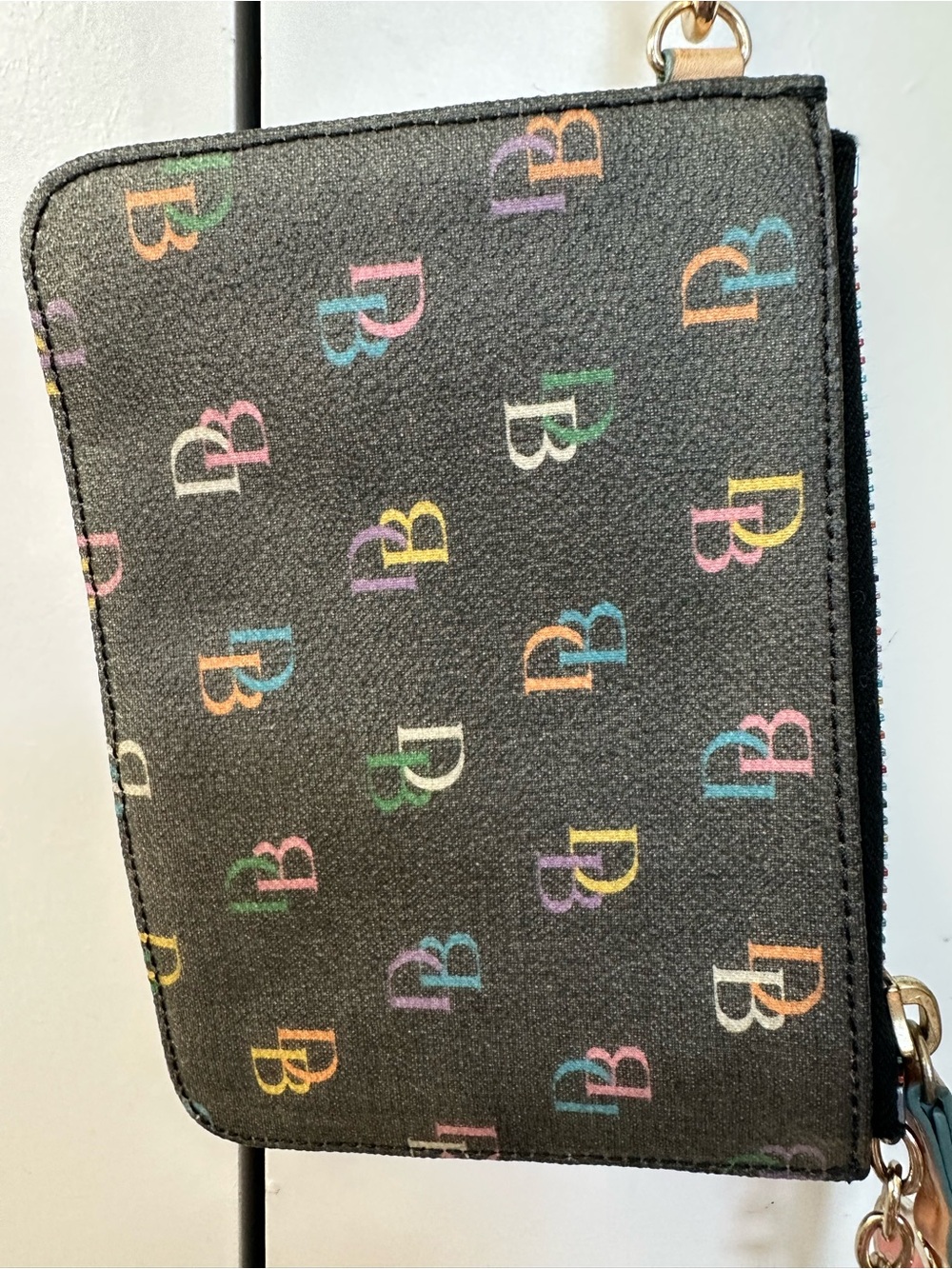 Dooney & Bourke Rainbow Monogram Wristlet | Brown Leather Trim | Keychain Charm